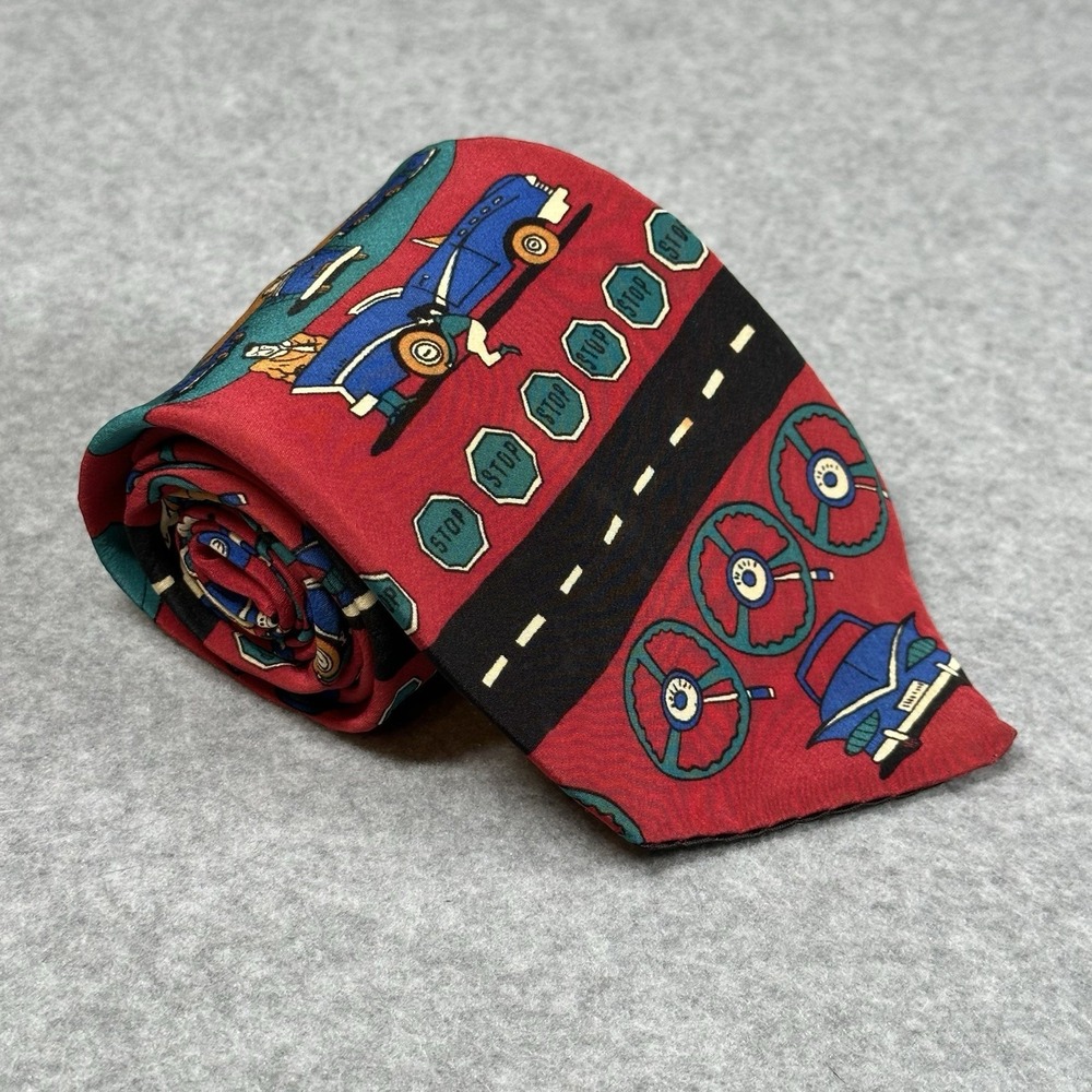 Vintage Rooster USA Tie Red Novelty Cars Road Stop Signs Silk Necktie 60x3.75in
